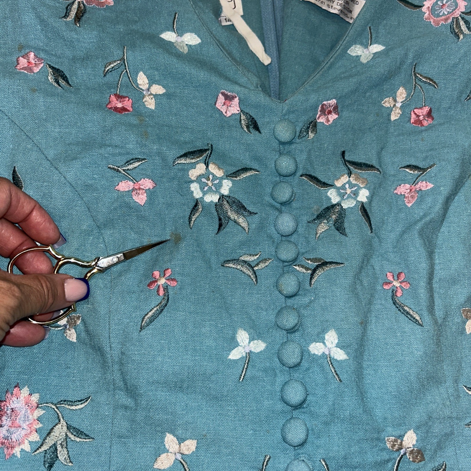 Vintage Linen Dress Prairie Cottage Country Embroidered Florals Teal 90’s 12(10)