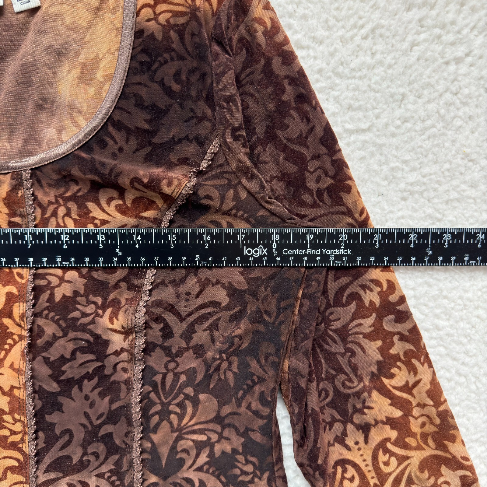 Vintage Cato Top Shirt Large Womens Brown Tan Pattern Print Slinky Stretch
