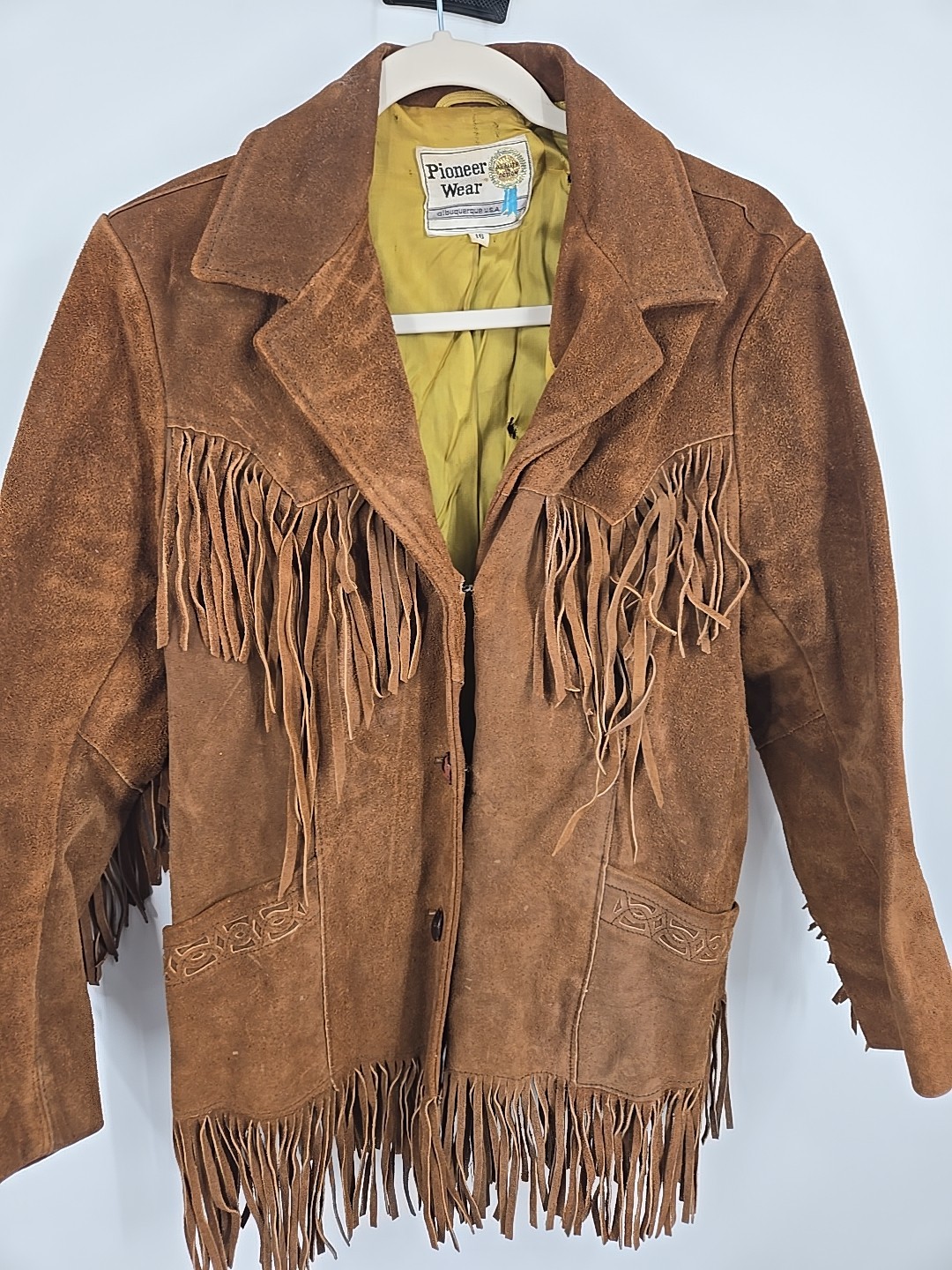 Vintage 1960s Pioneer Wear Brown Suede Fringe Jacket Coat Womens 16 Retro Cowboy