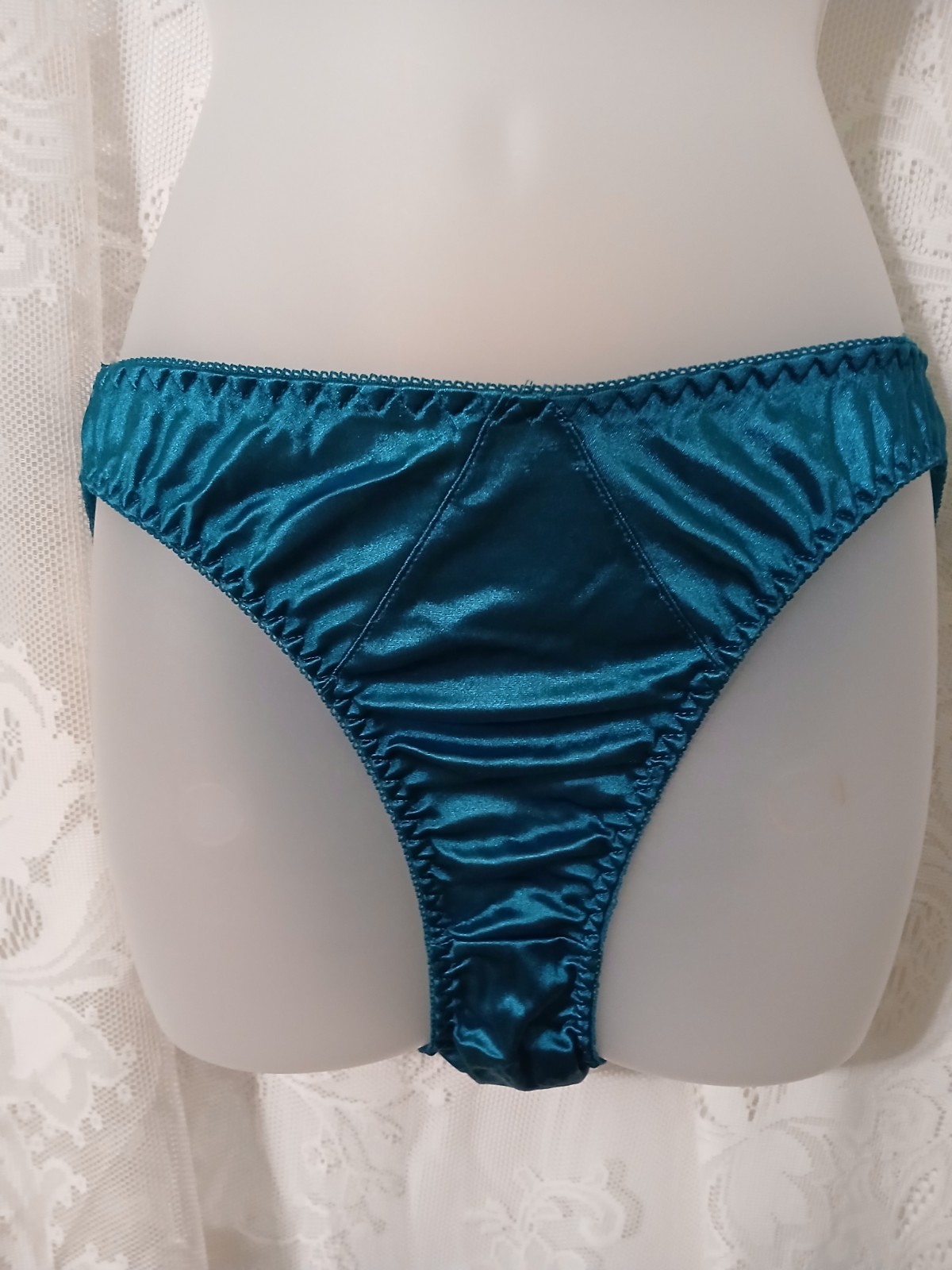 Vintage 90s Teal Green Wet Look Satin Nylon Second Skin Hi-Cut Panties L EUC
