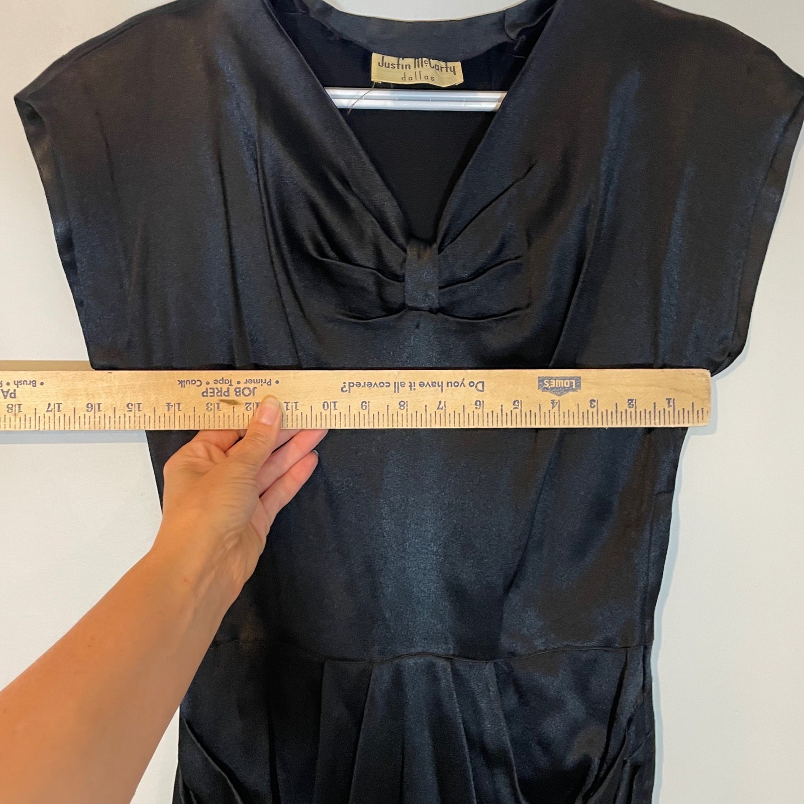 Vintage Justin McCarty Dallas Black Satin Cocktail Dress XS Bow Detail 50s READ