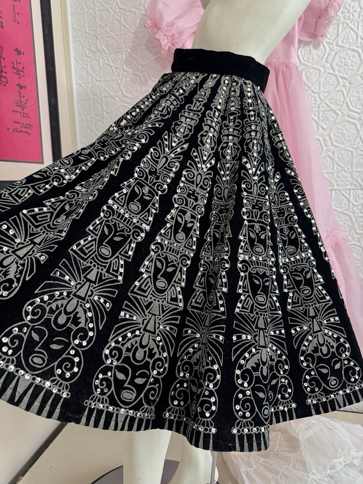 Vintage Velvet black circle skirt-Hand painted-Sequin-1950s-Skate-Silver-Deity-M