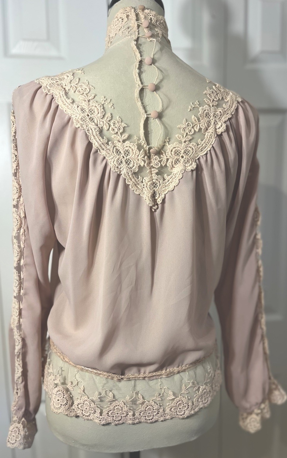 Victorian Chiffon Net Lace Blouse Sand Beige High Neck S/M