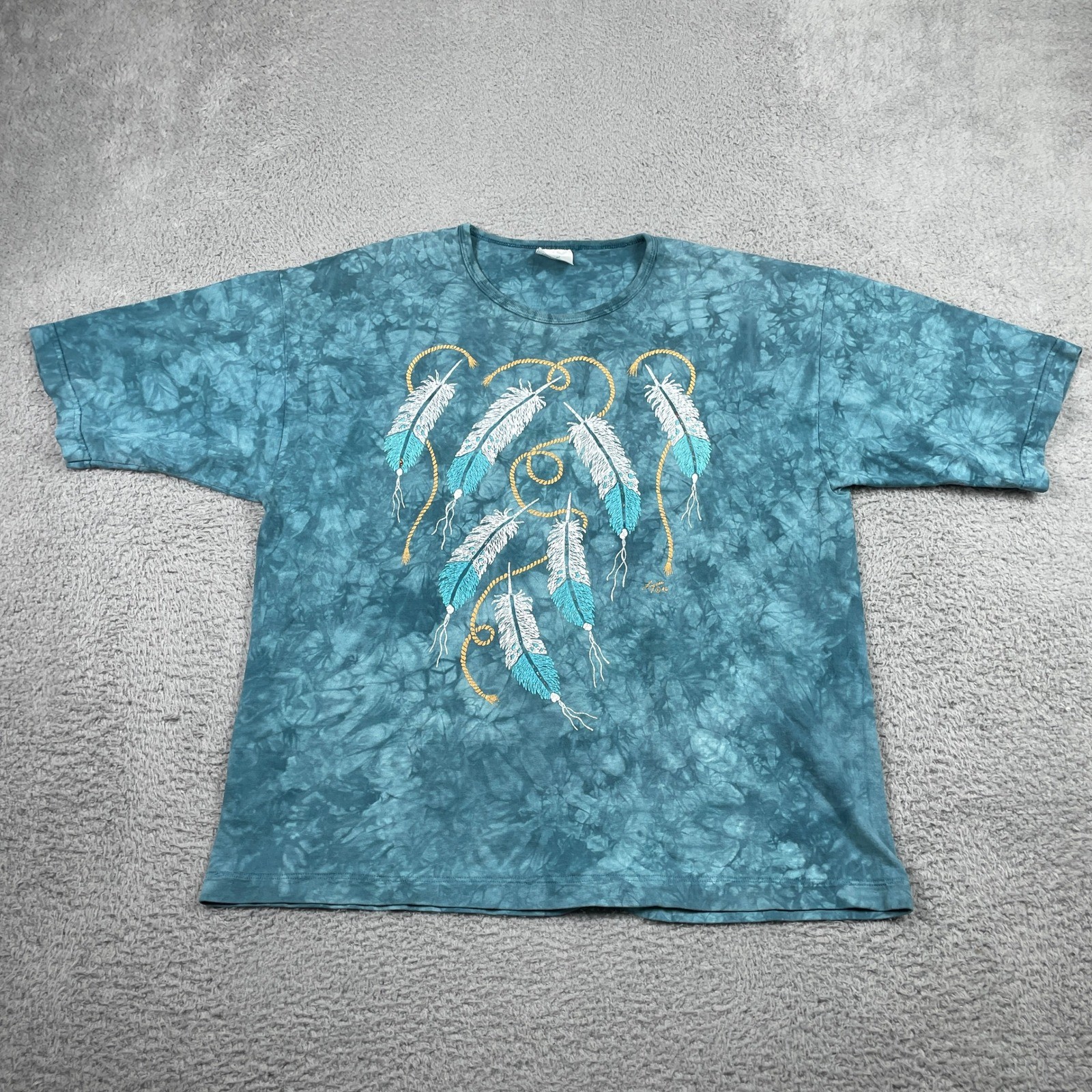 Vintage Feather Graphic T-Shirt Womens Large Teal Tie Dye Lyree Made In USA