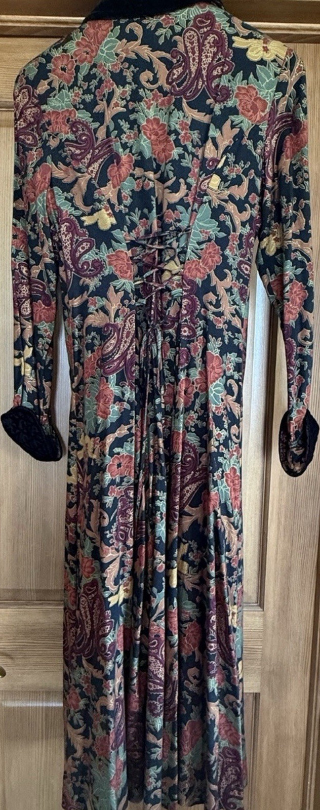 Décor Vintage Floral Paisley Maxi Dress Velvet Collar Cuffs Bohemian Black Red