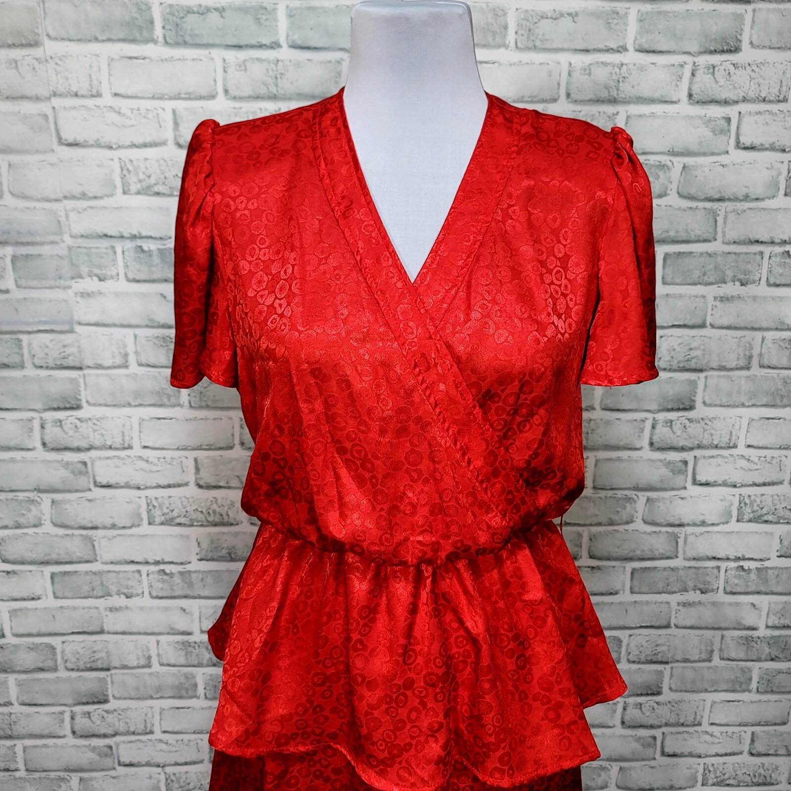 Vintage 70s Eileen Scott of Dallas L/XL Red Peplum Satin Surplice Peplum Dress