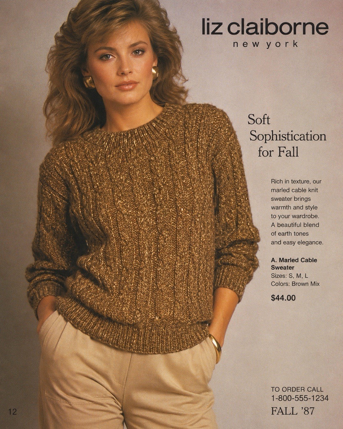 Vtg 1987 Liz Claiborne Marled Cable Knit Sweater Brown Earth Tone Academic S