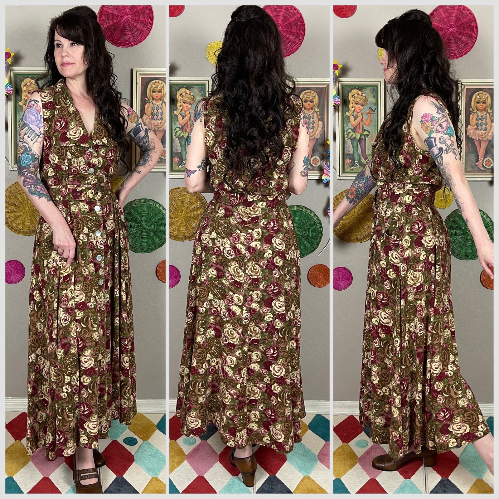Vintage 1980s Brown Floral Sleeveless Button Front Midi Dress | 30″ Waist