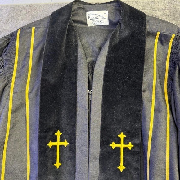 Vintage Choir Robe Unisex XL Black Gold Cross Clergy Regency Genuine