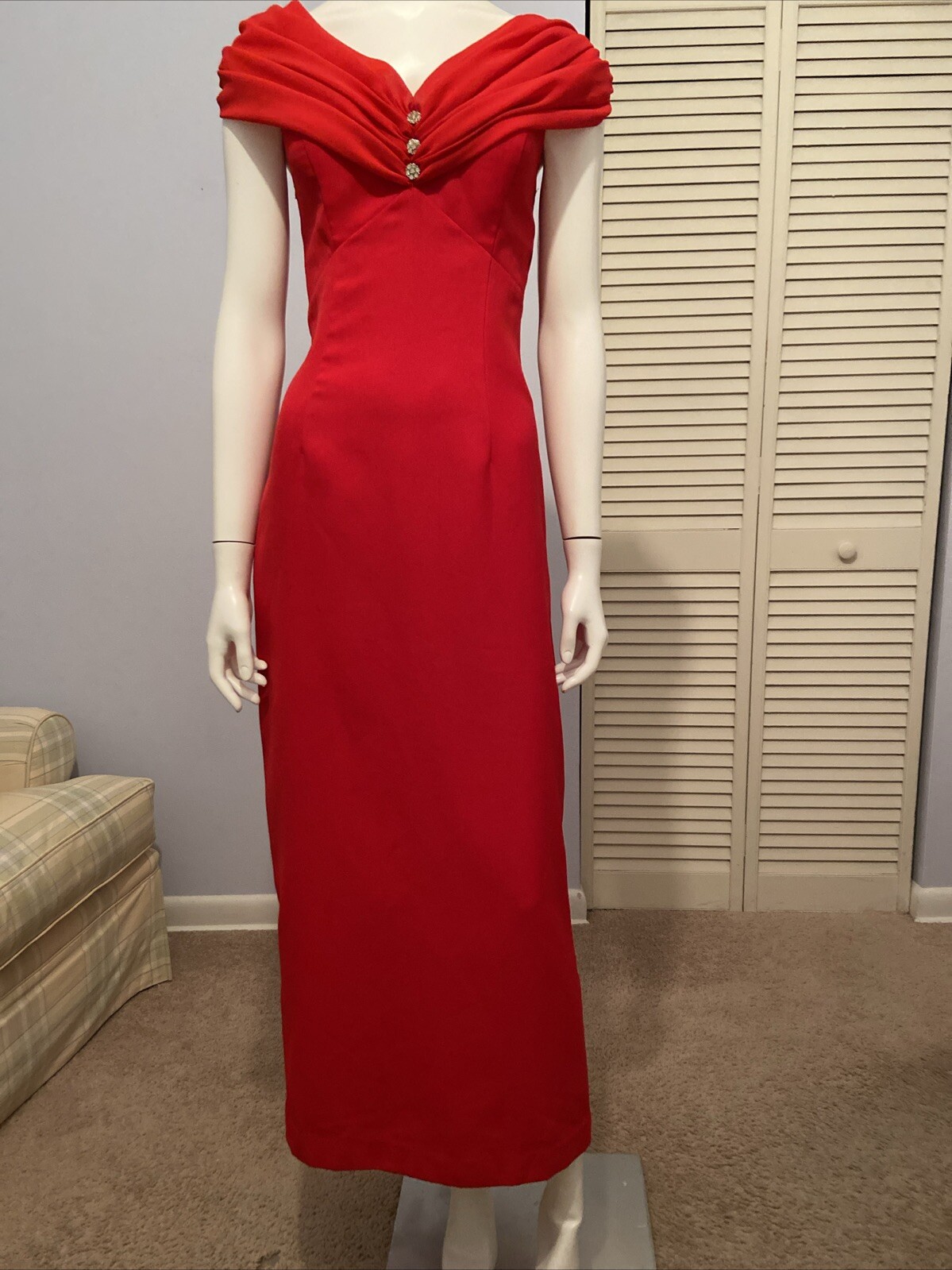 Vintage Alyce Designs Womens Red Long Party Evening Gown Rhinestone Buttons Sz S