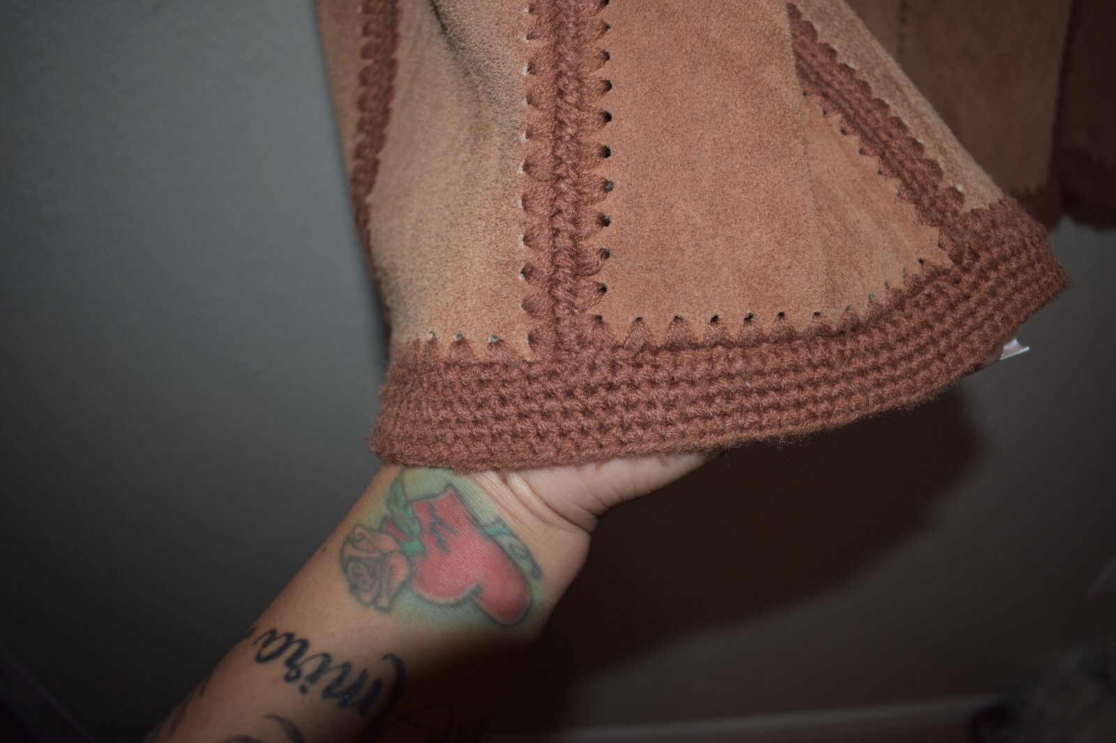 Vintage Modern Junior 1970’s Leather/Suede and Crochet Vest and skirt set Size