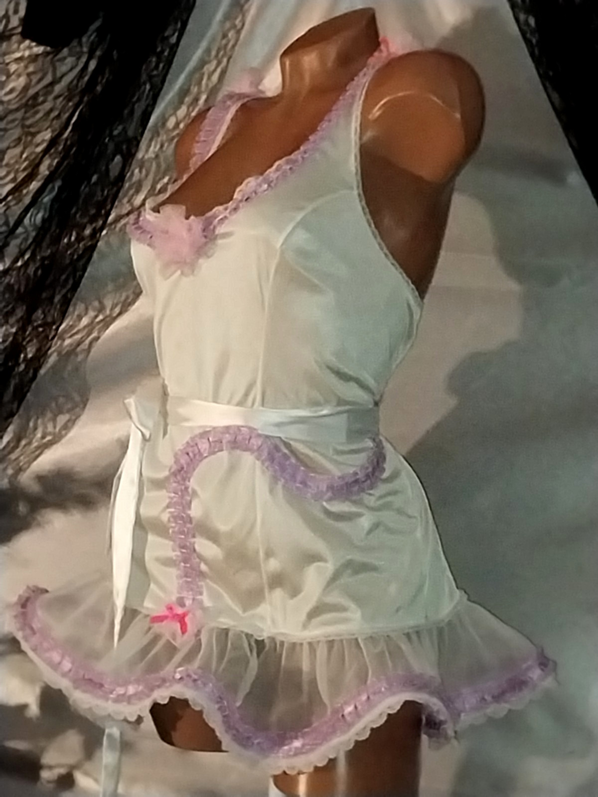 VTG Silky Nylon DollCore Cami Blouse Top Frilly Lacy Neon Pink Bows Burlesque 48