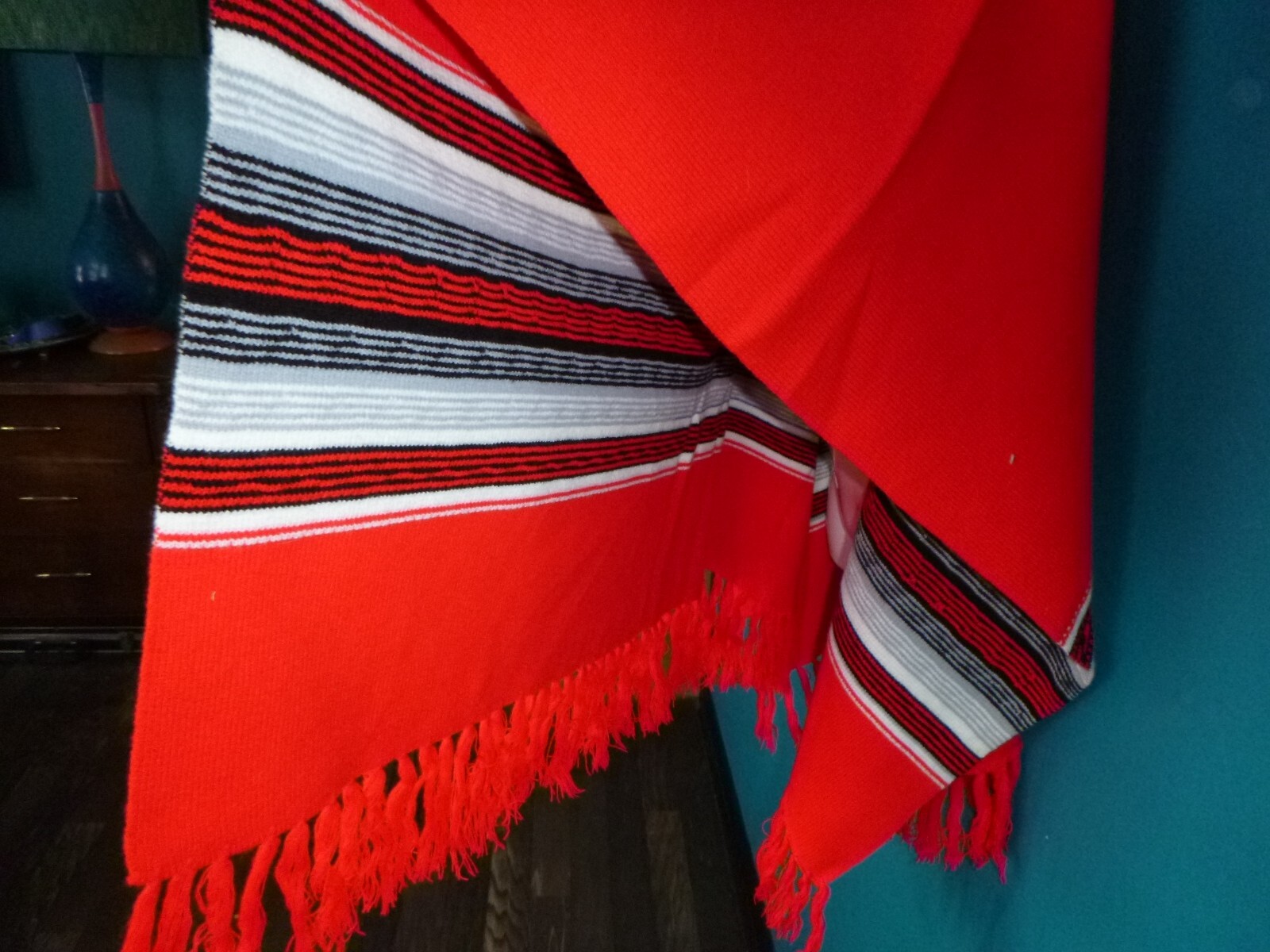 Vtg 60s Acrylic Knit Fringed Poncho Serape Red Gray Black Geometric