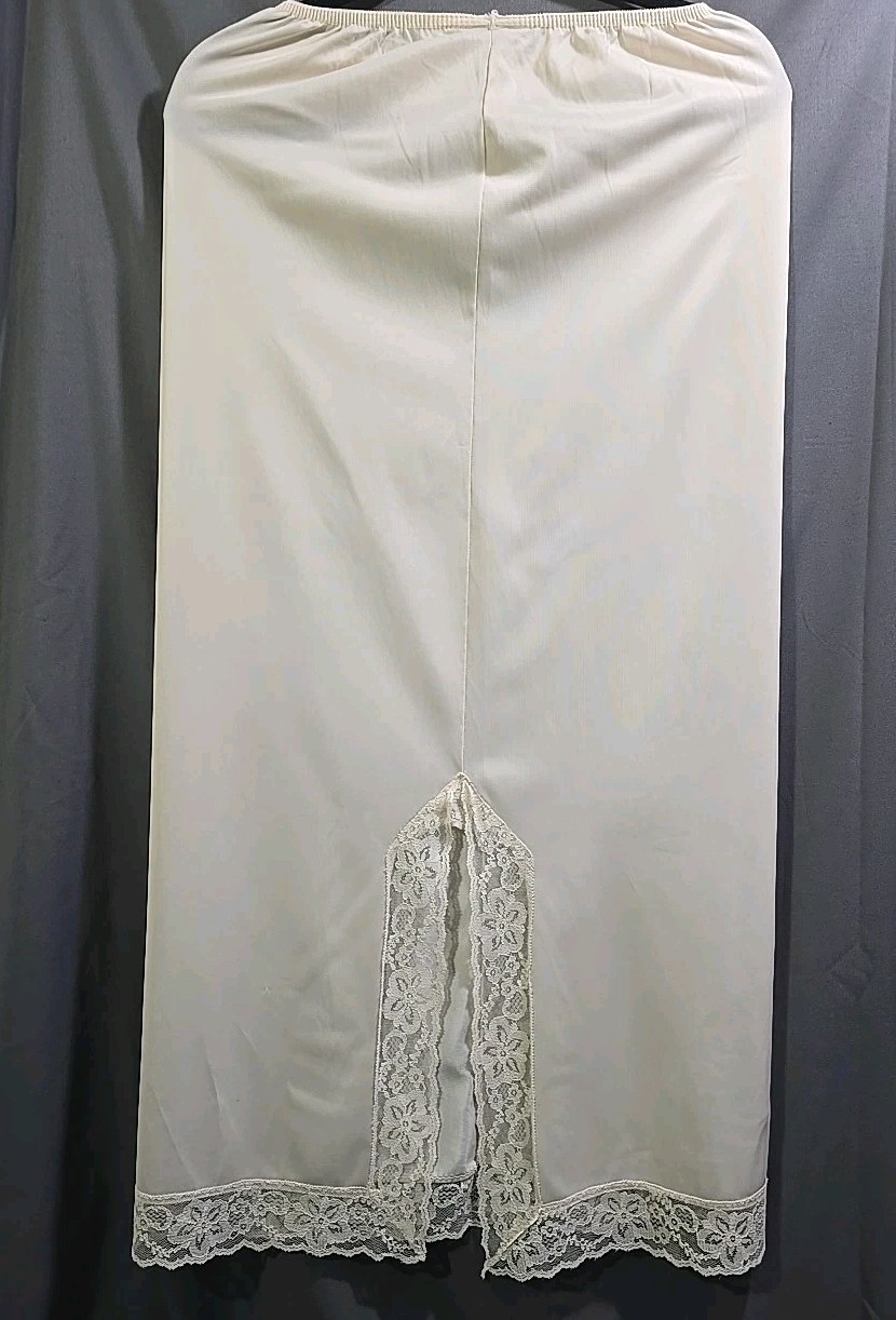 Vintage Nylon Formal Half Slip Lacy Slit Ivory Nylon Waist 24″-32″ Length 37″