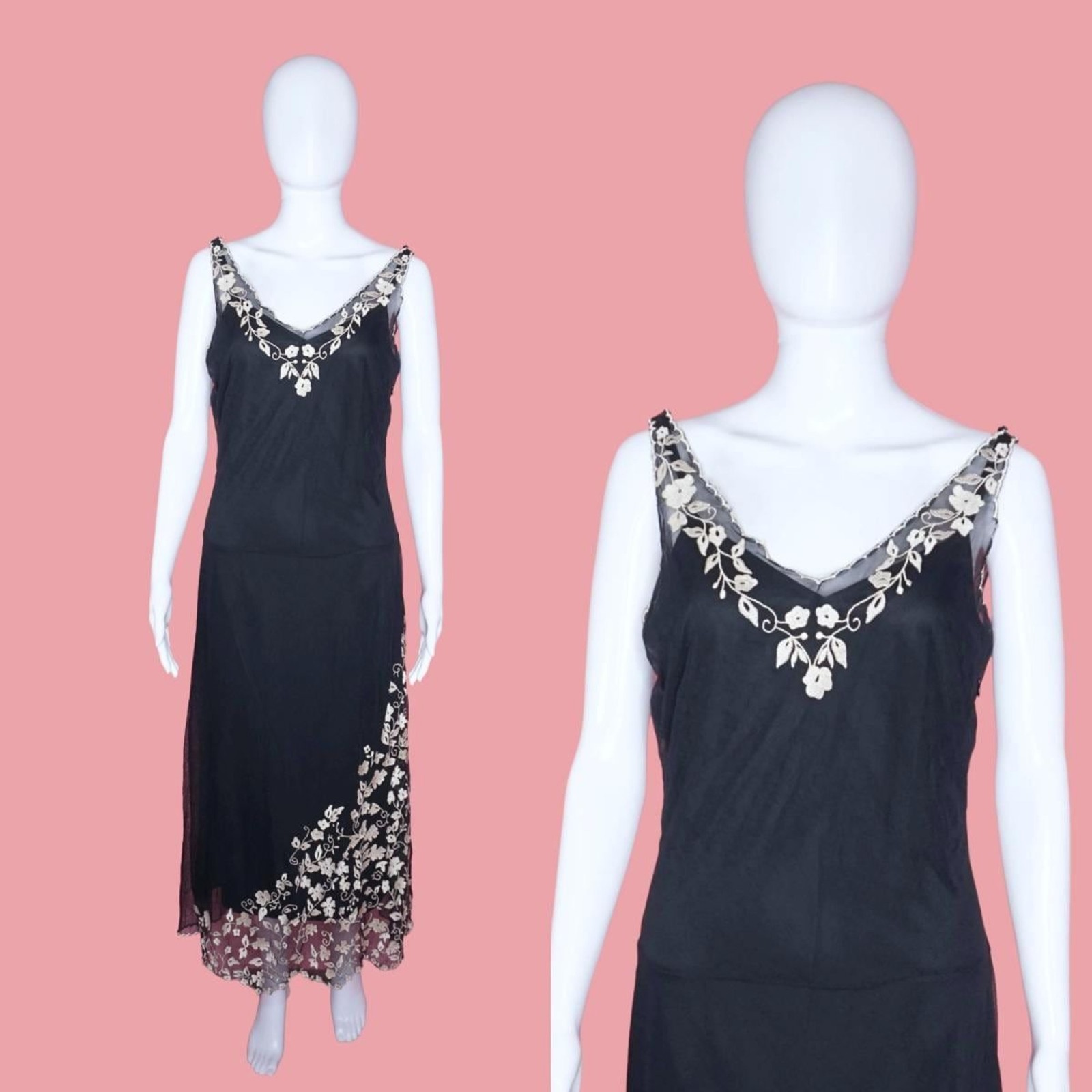 1990s-Y2K NEWPORT NEWS Black MESH Overlay Floral Drop Waist Maxi Dress. S. AS IS