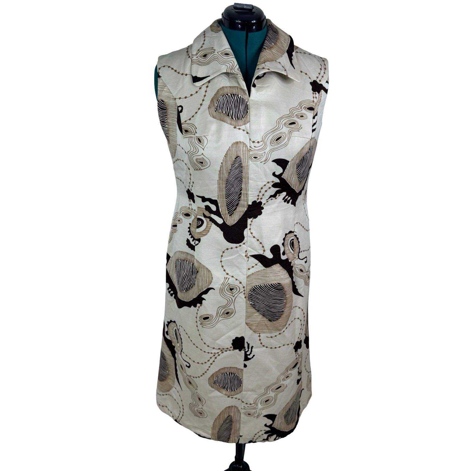 Vintage 70s Trevira Shift Dress Abstract Raw Silk Texture Mod Tribal Print L/XL
