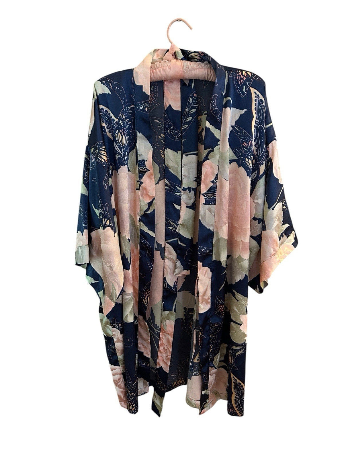 Vintage Satin Shiny Bell Angel Sleeve Kimono Robe Peach/Blush & Blue Floral