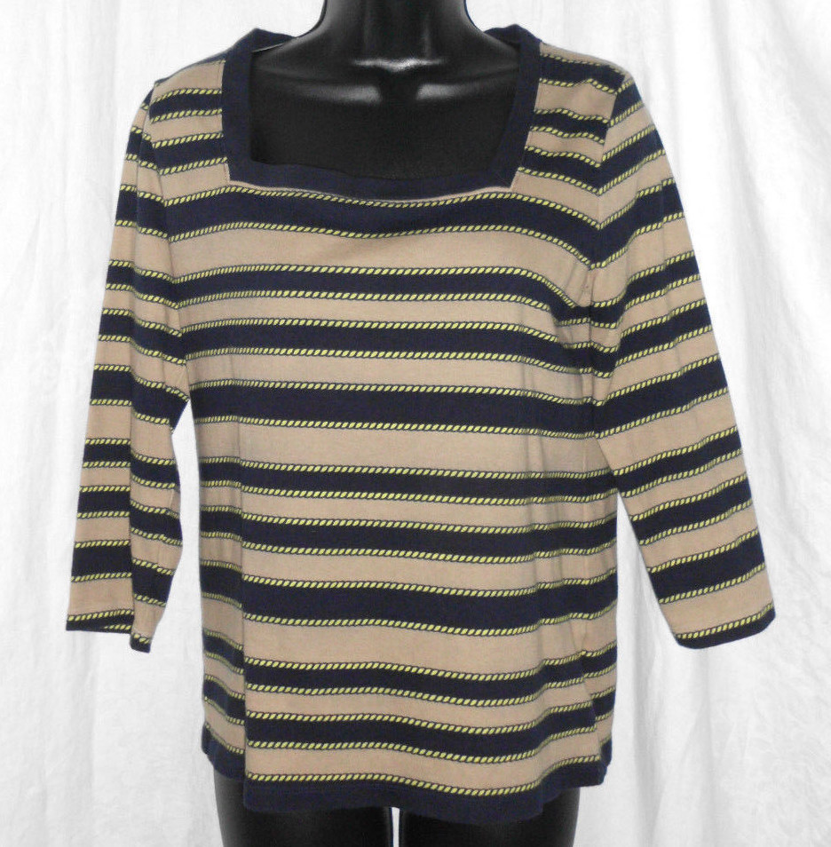 Vintage Jones New York Knit Top Size L MultiColor Stripe 100% Cotton 3/4 Sleeves