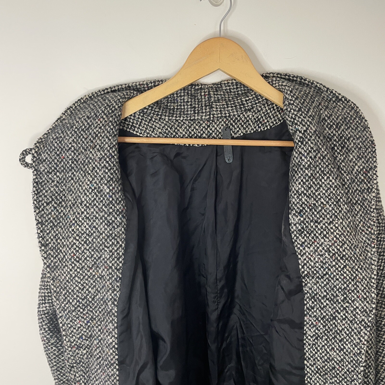 Vtg 80s DONNYBROOK Black White Tweed Long Coat w/Leather Accents Women Sz 12