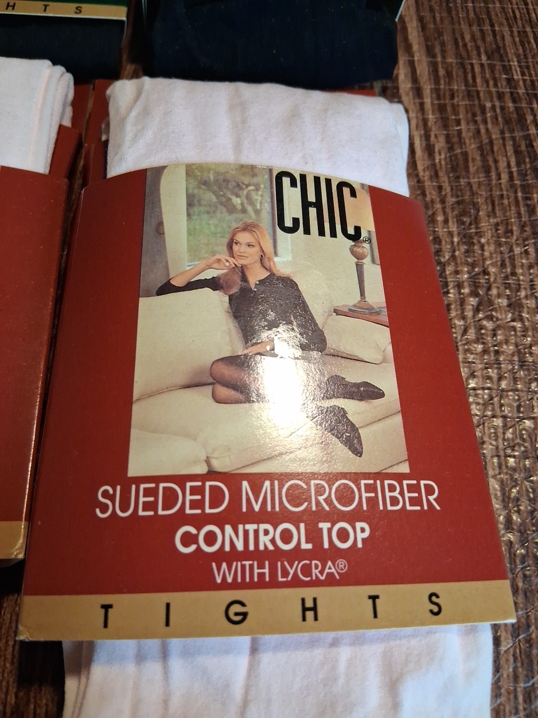 Chic Sueded Microfiber Control Top Tights Cream/Black Size Q Set Of 4 Vtg.