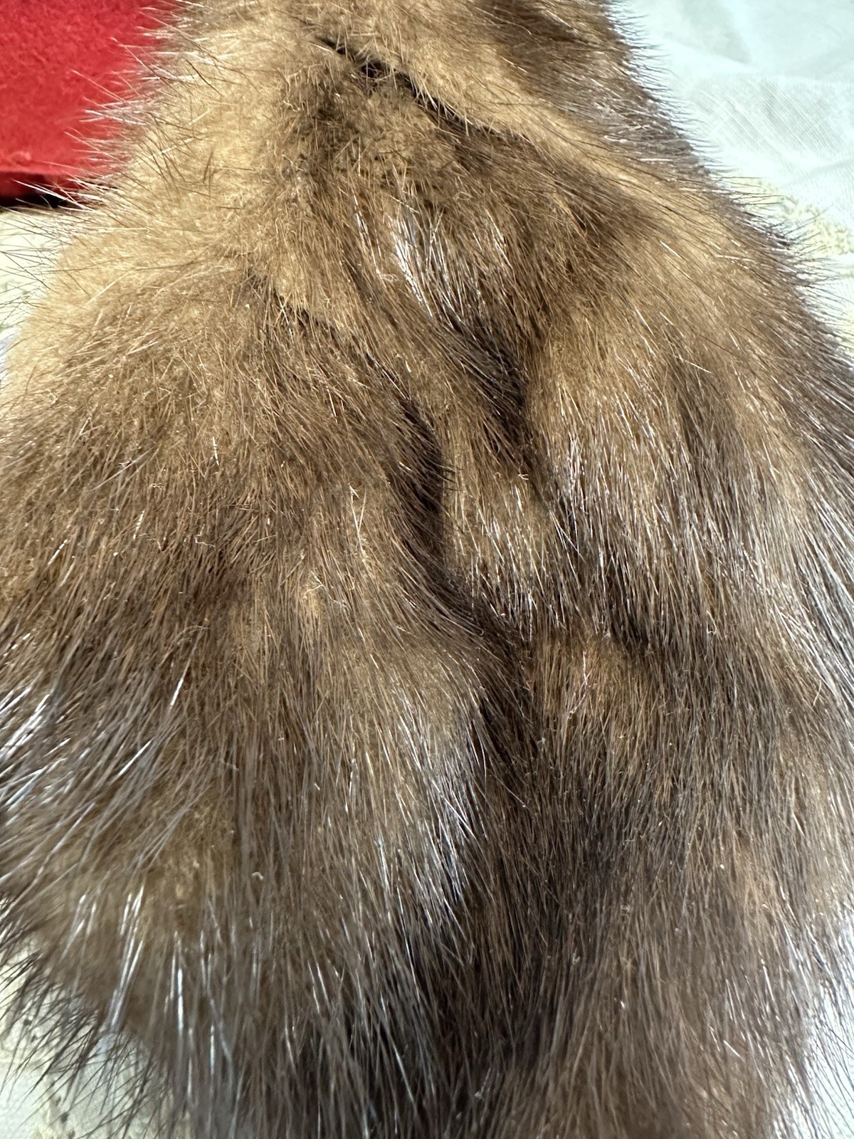 Vintage 1950s Mahogany Genuine Mink Fur Collar Scarf Stole Red Wool Backing