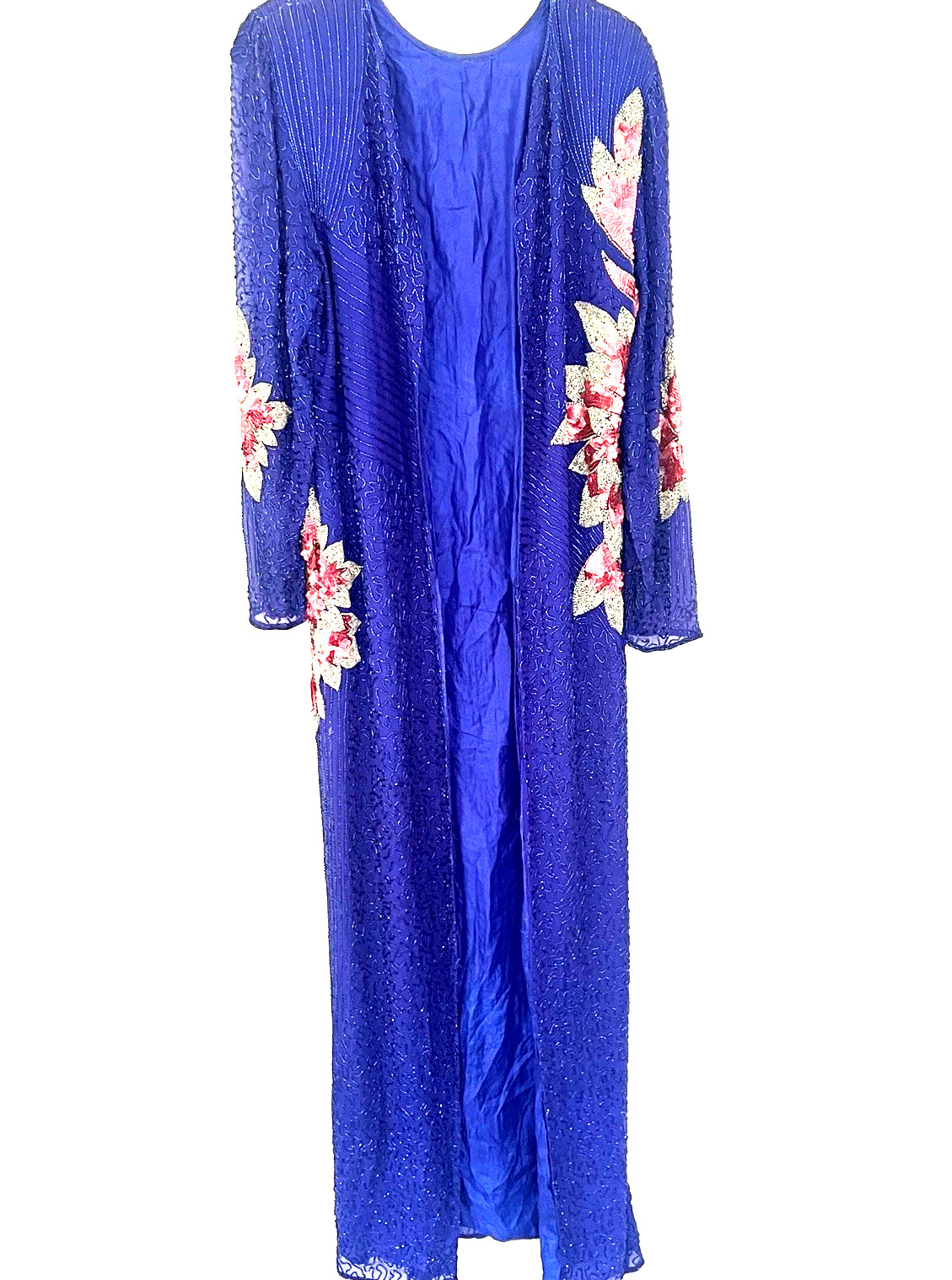 Vintage 80s Cobalt Blue Pink Silk Beaded Floral Maxi Duster Jacket Sequin