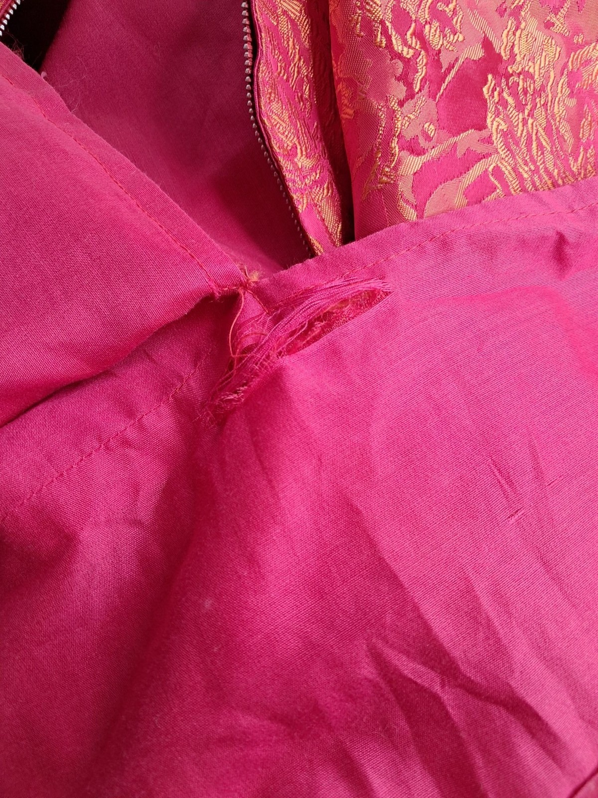 Vintage Pink & Orange Brocade Kimono Dress With Mandarin Collar Frog Buttons Hel