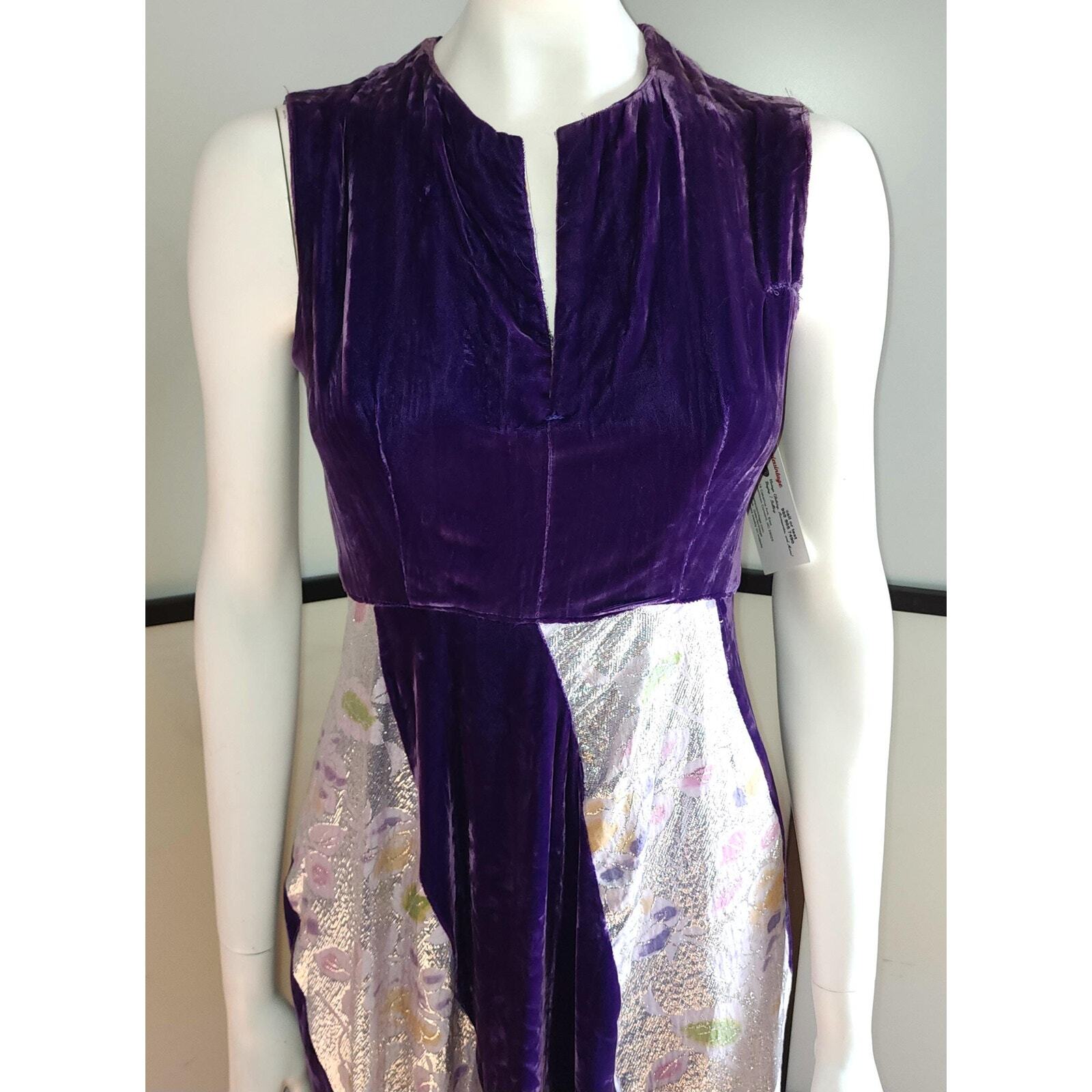 Vtg 60s Long Purple Velvet Gown Silver Metallic Insets Bias Skirt New Orleans S