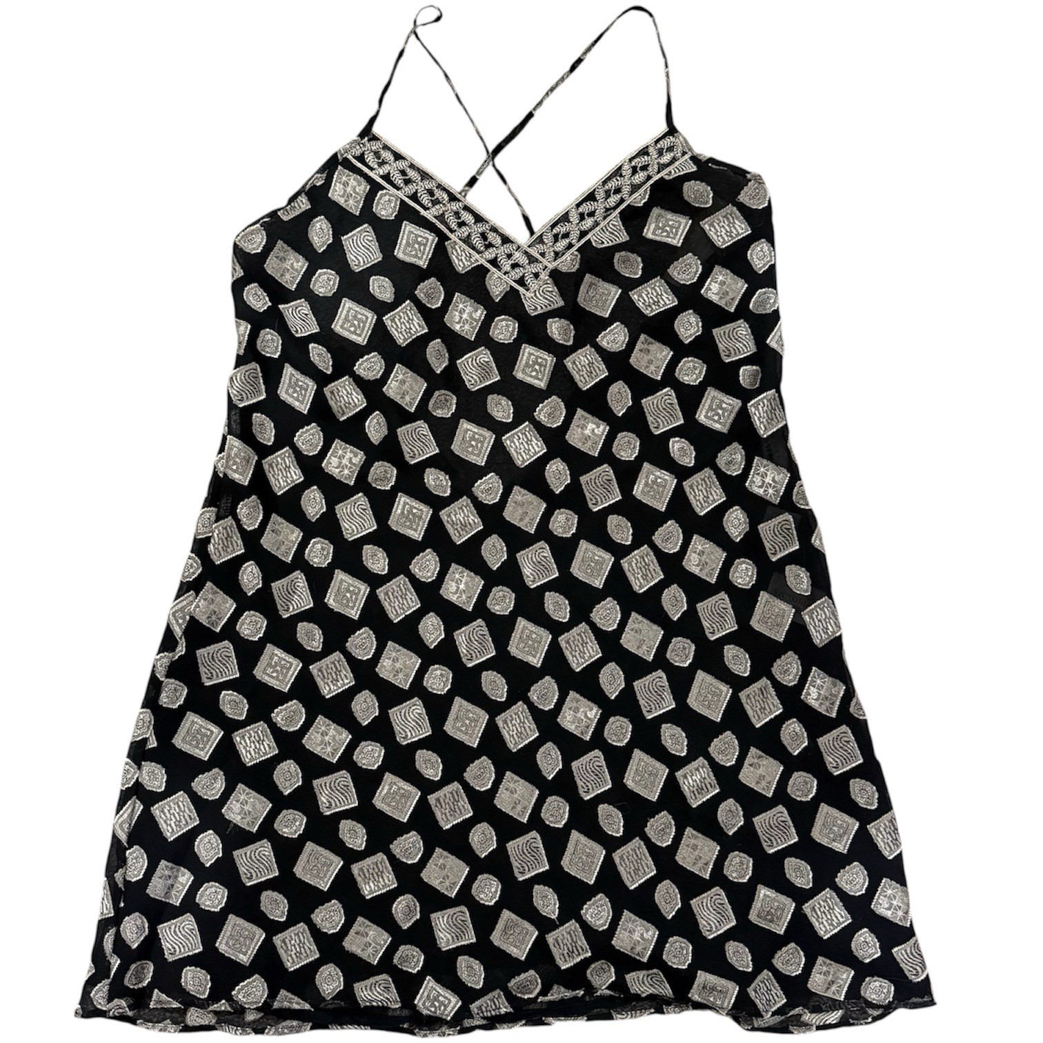 VTG 1995 Victoria’s Secret Script Label Slip Dress L Black Silver Geometric NWT
