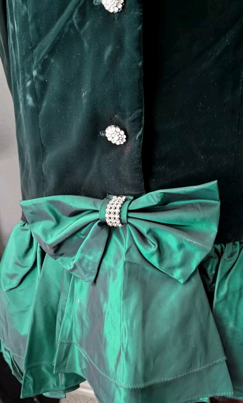 Vtg 80s En Francais Huey Waltzer Emerald Velvet Taffeta Dress Rhinestone Peplum