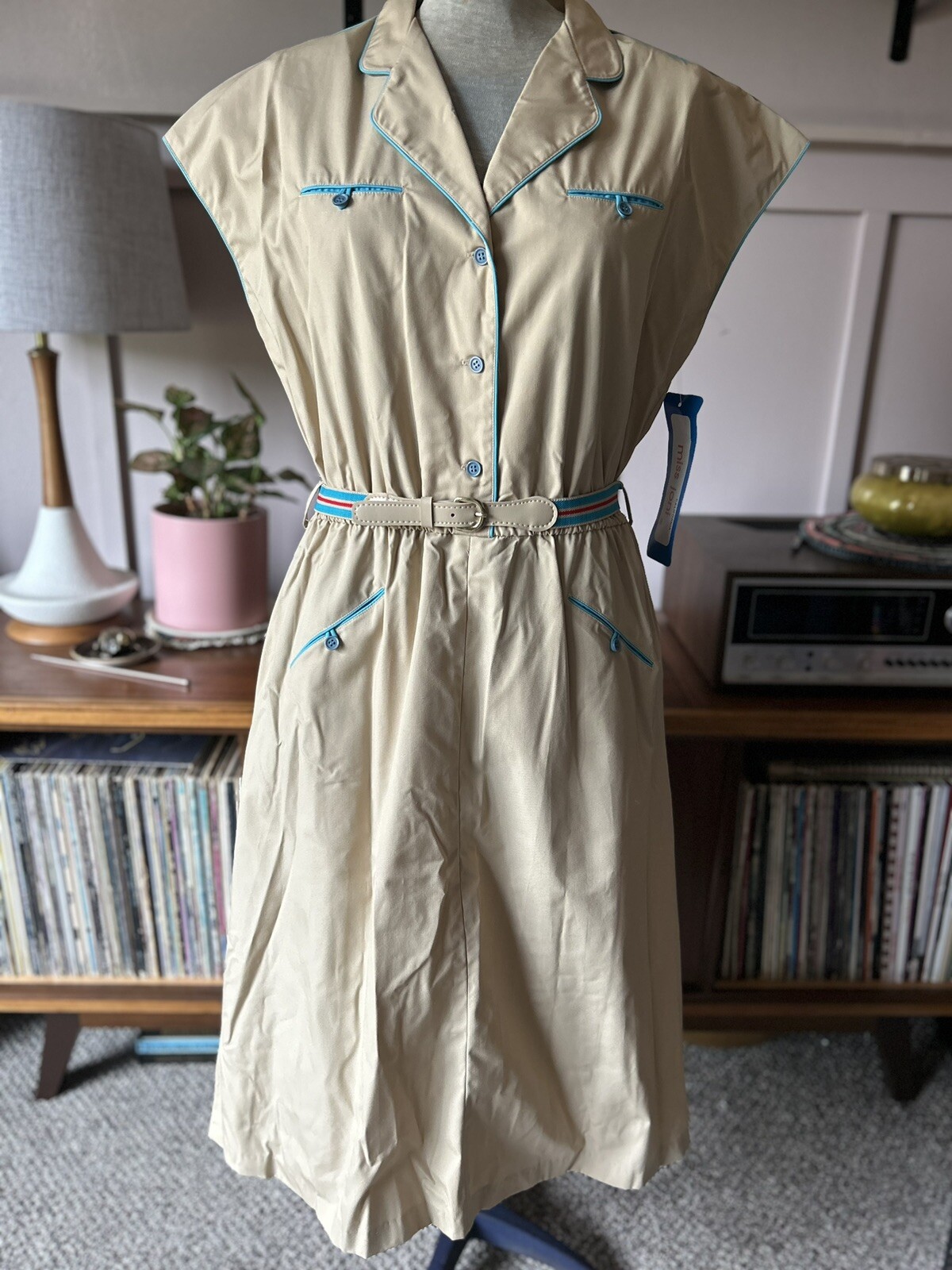 NWT Vintage Women’s Safari Dress 16 XL Tan w/Teal Midi Miss Joni 70’s & Belt