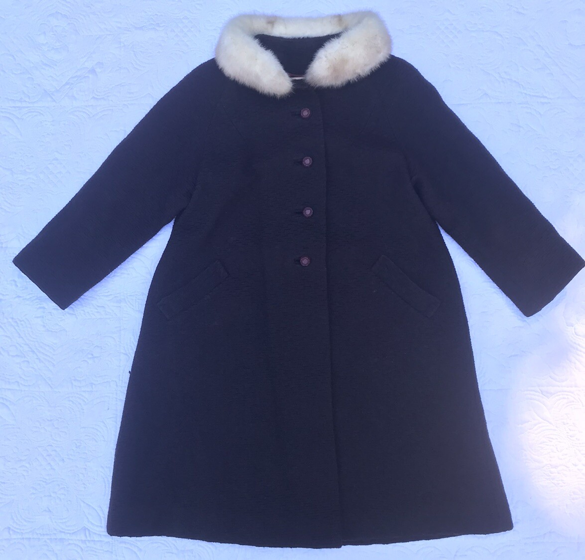 1950s John Wanamaker Brown Wool White Fox Fur Coat Swing Coat