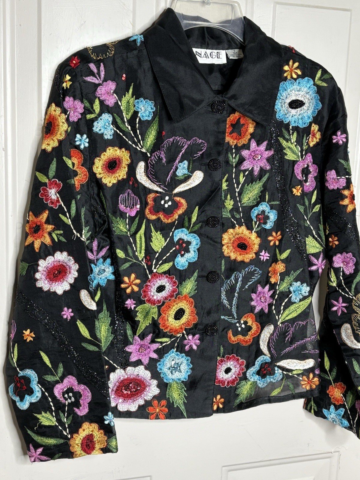 Vintage Anage Black Floral Embroidered 100% Silk Embellished Button Shirt S