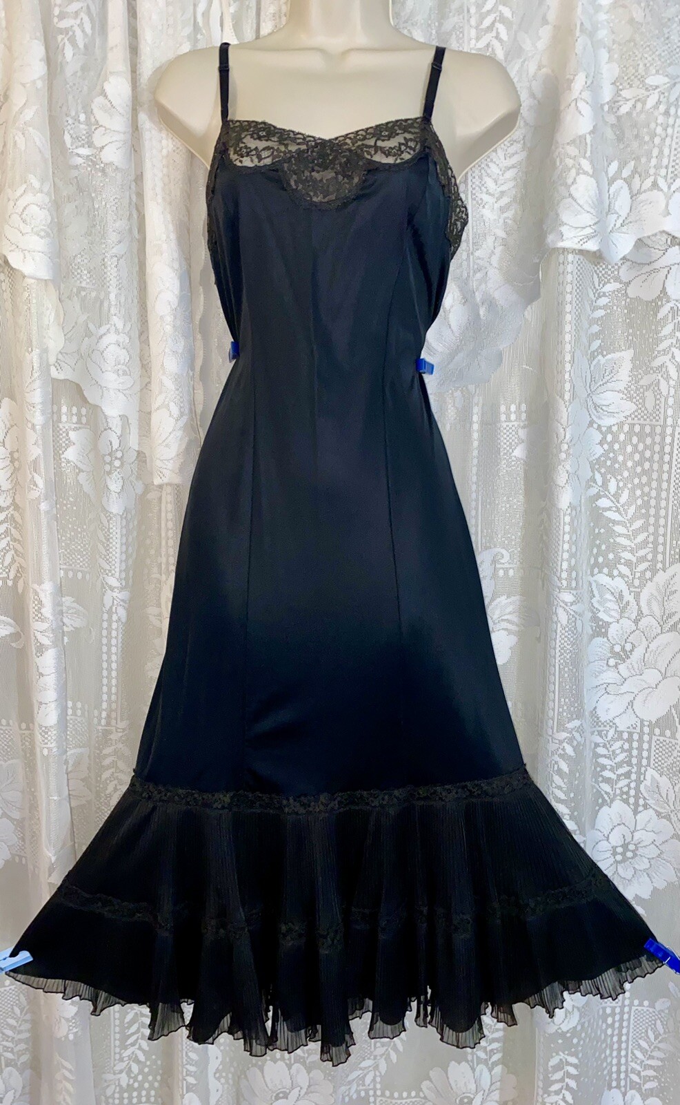 Vtg 36 Tall FANCY GOTH ROGERS BLACK NYLON Dress SLIP Pleated Chiffon Hem nightie