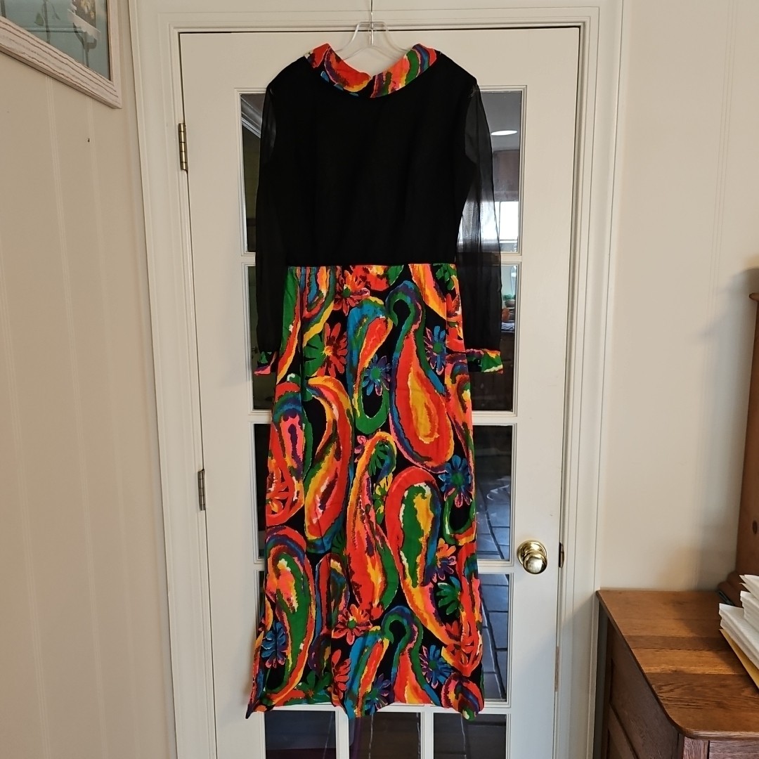 Vtg 60s Hawaiian Puritan Forever Young Psychedelic Maxi Dress w Sheer Sleeve M/L