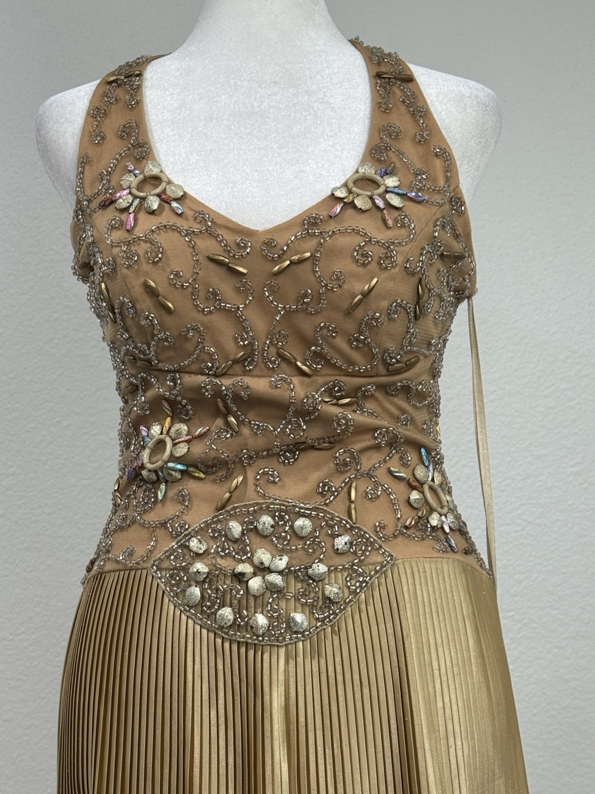 VTG Y2K Sherry Haute Couture Gold Beaded Pleated Gown Front Slit Designer