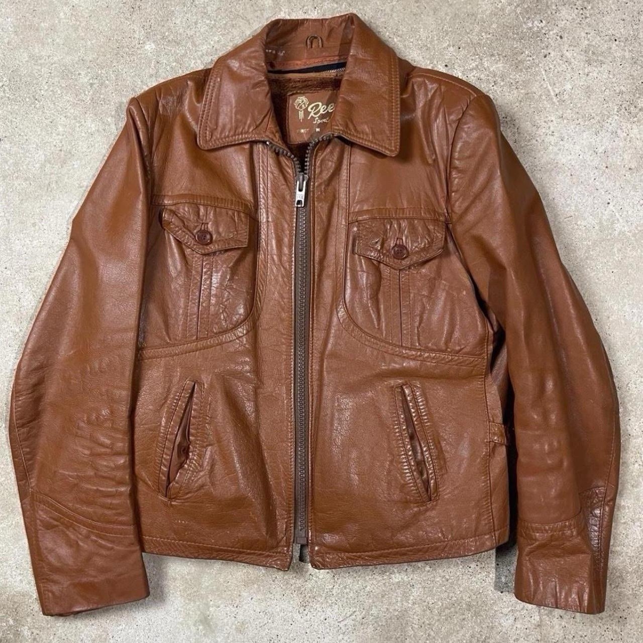 Vintage 60s Reed Leather Jacket Western Burnt Orange Zip Up Biker Mod Size 40 M