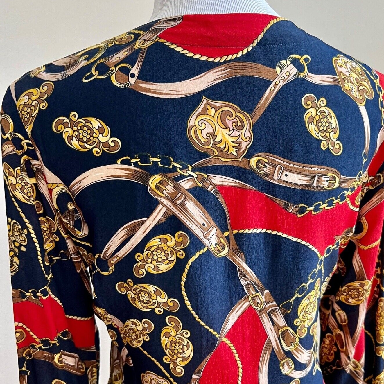 Vintage 90s Stephanie Andrews Silk Shirt Equestrian Print Blouse Navy Red M