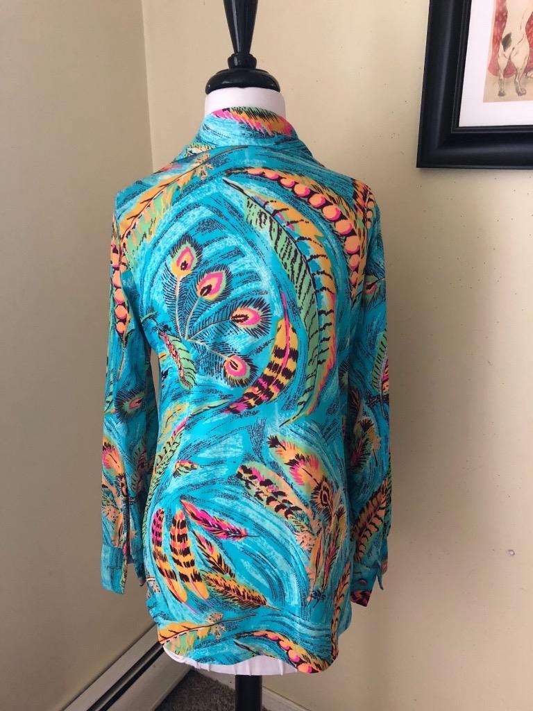 Vintage 1970’s Turquoise Blue Peacock Blouse Feathers Multi Colored Nylon Sz M