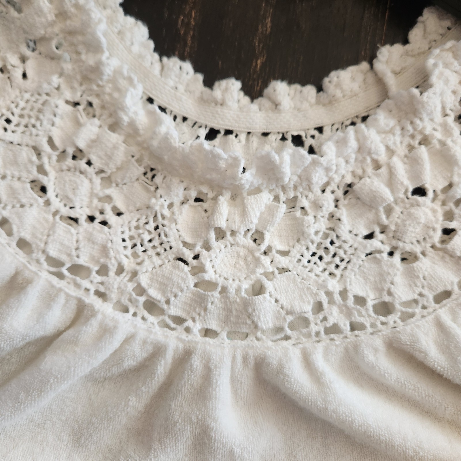 Vtg 80a Miss Elaine Terry Cloth Nightgown Maxi Dress Small White Crochet Lace