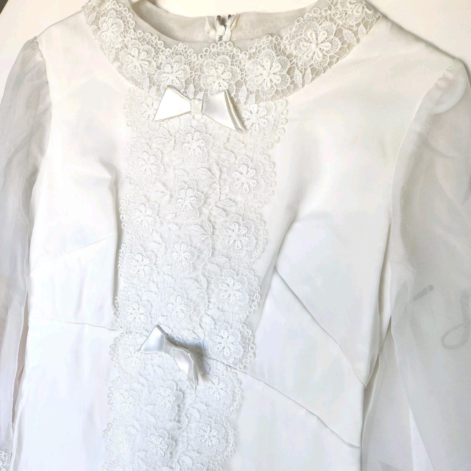 Vintage 60s 70s Lace Daisies Bows Wedding Dress Hippie Flower Child ILGWU Union