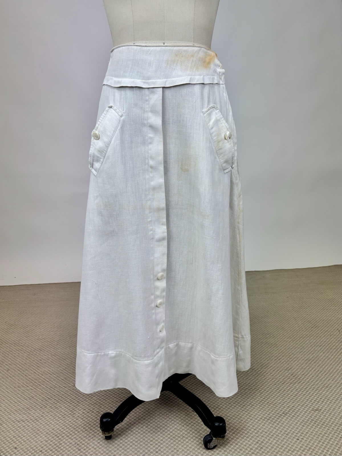 Edwardian 1910s Antique Cotton Skirt White Buttons Snaps Wide Hem Twill Weave
