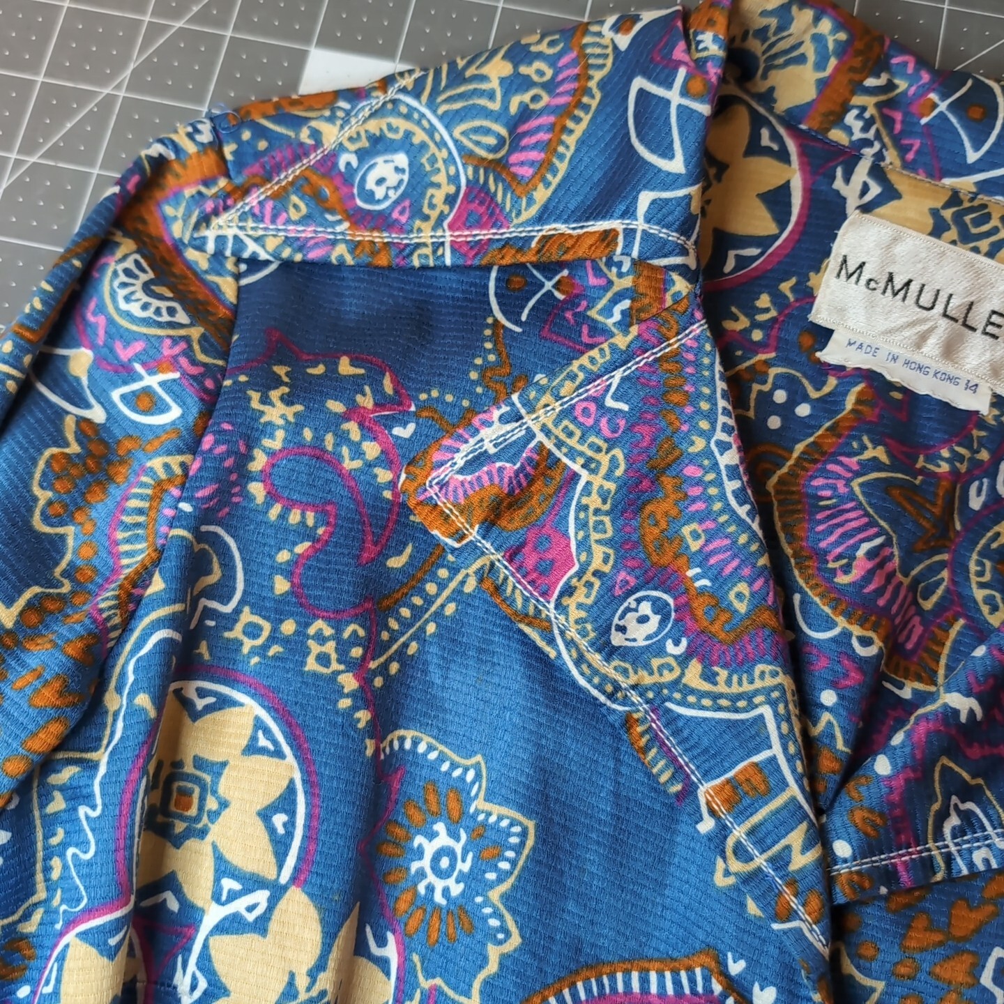 Vintage 1970s McMullen Shirtwaist Dress Blue Paisley Pattern Designer Big Collar
