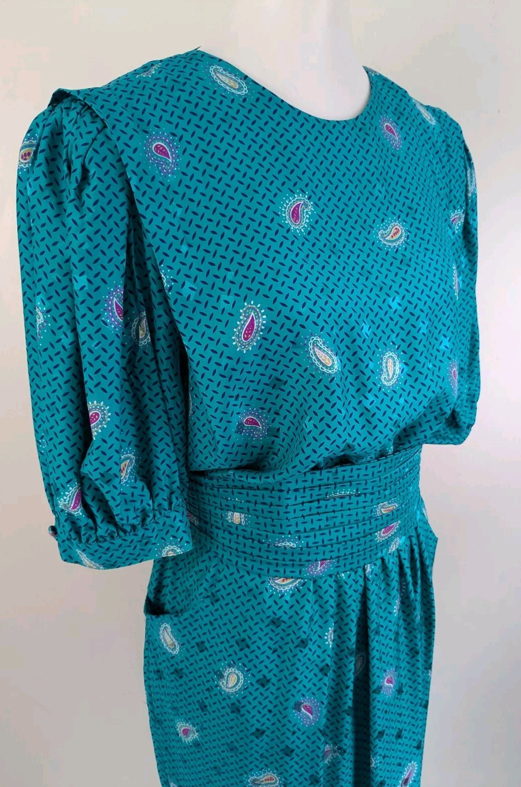 90s Maggy London 100% Silk Day Dress Jewel Tone Teal Classic Old Money Secretary
