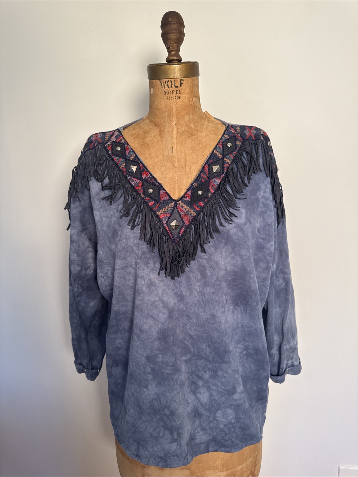 Vintage 90’s Tie Dye Fringe Studded Western T-Shirt Cotton Cowgirl Rodeo O/S