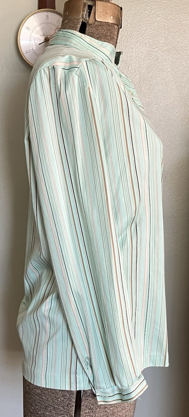 Vtg Shirt 70s Polyester Top Collar Spring Pastel Stripes Pink Aqua Brown M/L