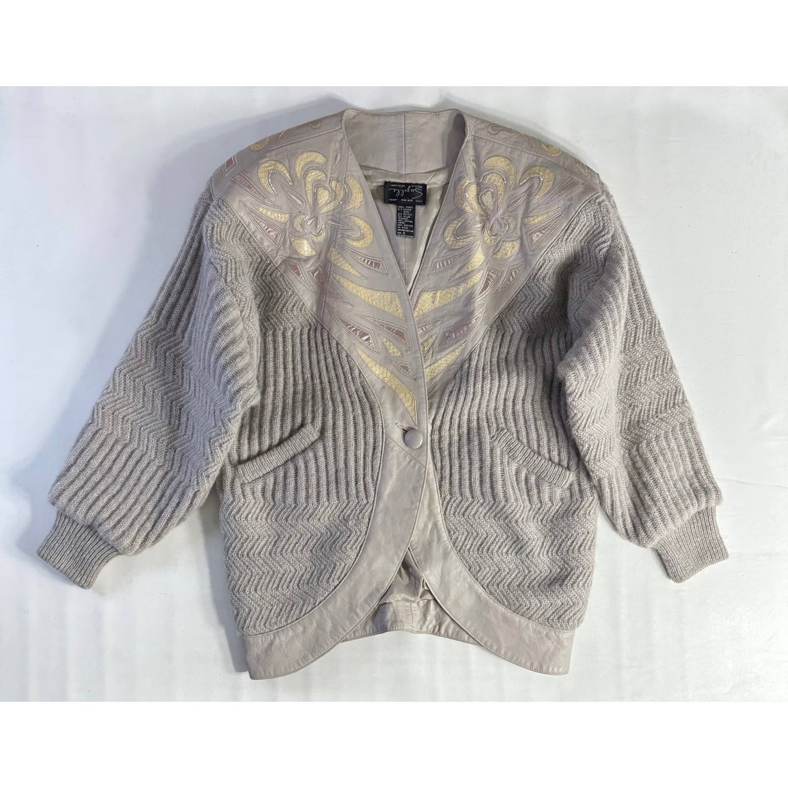 Suzelle Sz Sm Vintage 80s Mohair Wool Snake Leather Cardigan Jacket Gray Sweater