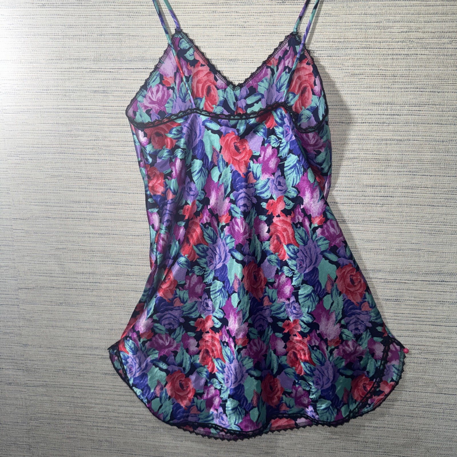 Vintage Floral Satin Slip Nightgown Vibrant Rose Floral Black Lace Trimmed