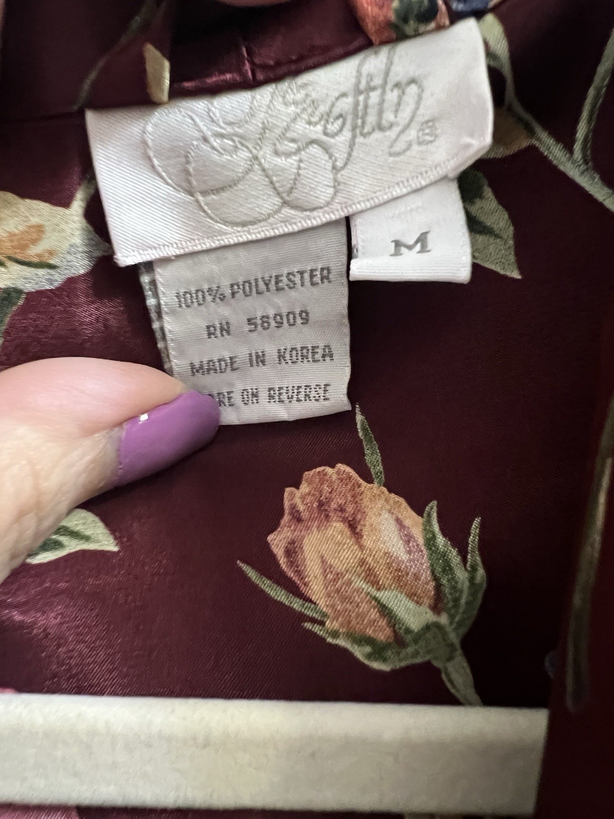 Vintage Red Wine Floral Satin Long Robe Dress Made In Korea Kimono Dress Medium