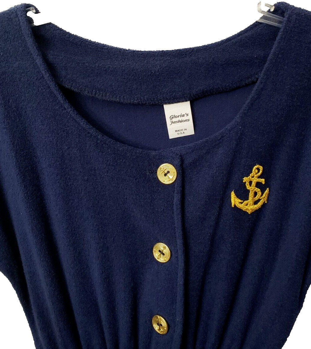 VTG 80s Terry Cloth Playsuit S Romper Navy Anchor Nautical Boating Coastal Beach